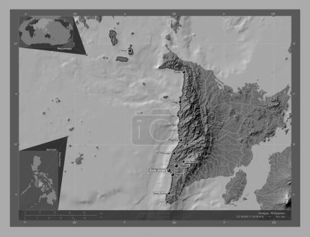 Photo for Antique, province of Philippines. Bilevel elevation map with lakes and rivers. Locations and names of major cities of the region. Corner auxiliary location maps - Royalty Free Image