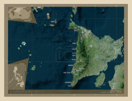 Foto de Antique, province of Philippines. High resolution satellite map. Locations and names of major cities of the region. Corner auxiliary location maps - Imagen libre de derechos