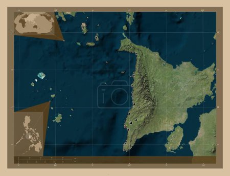 Foto de Antique, province of Philippines. Low resolution satellite map. Locations of major cities of the region. Corner auxiliary location maps - Imagen libre de derechos