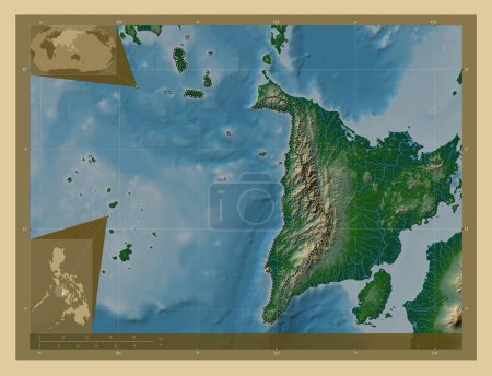 Téléchargez les photos : Antique, province of Philippines. Colored elevation map with lakes and rivers. Corner auxiliary location maps - en image libre de droit