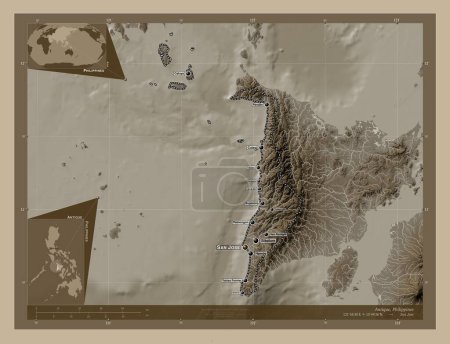 Photo for Antique, province of Philippines. Elevation map colored in sepia tones with lakes and rivers. Locations and names of major cities of the region. Corner auxiliary location maps - Royalty Free Image
