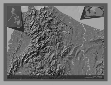Photo for Apayao, province of Philippines. Bilevel elevation map with lakes and rivers. Locations and names of major cities of the region. Corner auxiliary location maps - Royalty Free Image