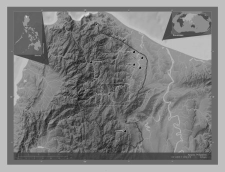 Photo for Apayao, province of Philippines. Grayscale elevation map with lakes and rivers. Locations and names of major cities of the region. Corner auxiliary location maps - Royalty Free Image