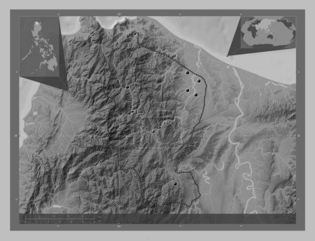 Photo for Apayao, province of Philippines. Grayscale elevation map with lakes and rivers. Locations of major cities of the region. Corner auxiliary location maps - Royalty Free Image