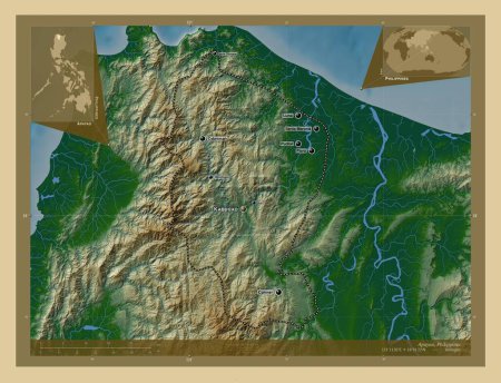 Téléchargez les photos : Apayao, province of Philippines. Colored elevation map with lakes and rivers. Locations and names of major cities of the region. Corner auxiliary location maps - en image libre de droit