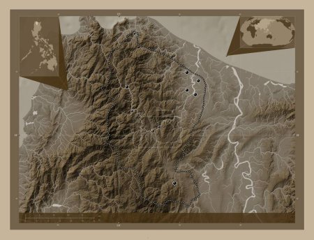 Photo for Apayao, province of Philippines. Elevation map colored in sepia tones with lakes and rivers. Locations of major cities of the region. Corner auxiliary location maps - Royalty Free Image