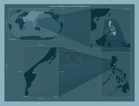 Téléchargez les photos : Aurora, province of Philippines. Diagram showing the location of the region on larger-scale maps. Composition of vector frames and PNG shapes on a solid background - en image libre de droit