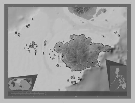 Téléchargez les photos : Basilan, province of Philippines. Grayscale elevation map with lakes and rivers. Locations of major cities of the region. Corner auxiliary location maps - en image libre de droit