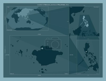 Téléchargez les photos : Basilan, province of Philippines. Diagram showing the location of the region on larger-scale maps. Composition of vector frames and PNG shapes on a solid background - en image libre de droit