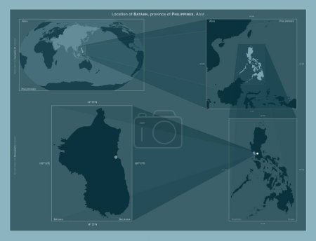 Foto de Bataan, province of Philippines. Diagram showing the location of the region on larger-scale maps. Composition of vector frames and PNG shapes on a solid background - Imagen libre de derechos