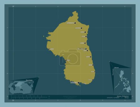 Téléchargez les photos : Bataan, province of Philippines. Solid color shape. Locations and names of major cities of the region. Corner auxiliary location maps - en image libre de droit
