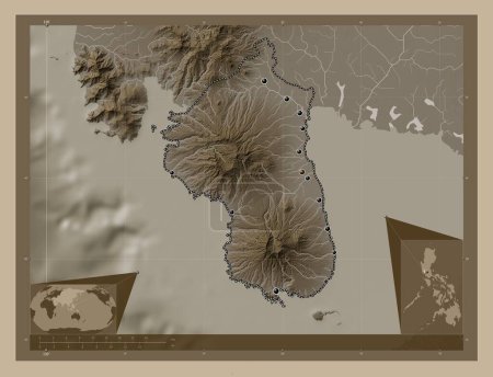 Téléchargez les photos : Bataan, province of Philippines. Elevation map colored in sepia tones with lakes and rivers. Locations of major cities of the region. Corner auxiliary location maps - en image libre de droit