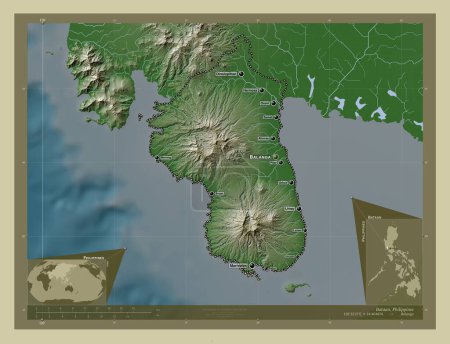 Téléchargez les photos : Bataan, province of Philippines. Elevation map colored in wiki style with lakes and rivers. Locations and names of major cities of the region. Corner auxiliary location maps - en image libre de droit