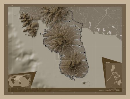 Foto de Bataan, province of Philippines. Elevation map colored in sepia tones with lakes and rivers. Locations and names of major cities of the region. Corner auxiliary location maps - Imagen libre de derechos