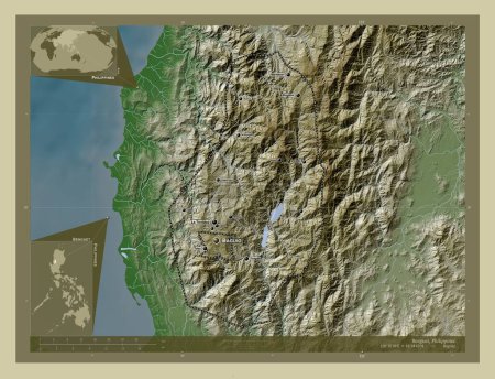 Téléchargez les photos : Benguet, province of Philippines. Elevation map colored in wiki style with lakes and rivers. Locations and names of major cities of the region. Corner auxiliary location maps - en image libre de droit