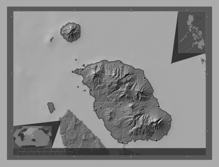 Téléchargez les photos : Biliran, province of Philippines. Bilevel elevation map with lakes and rivers. Locations of major cities of the region. Corner auxiliary location maps - en image libre de droit