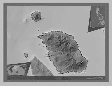 Téléchargez les photos : Biliran, province of Philippines. Grayscale elevation map with lakes and rivers. Locations and names of major cities of the region. Corner auxiliary location maps - en image libre de droit