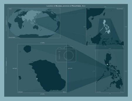 Téléchargez les photos : Biliran, province of Philippines. Diagram showing the location of the region on larger-scale maps. Composition of vector frames and PNG shapes on a solid background - en image libre de droit