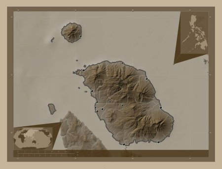 Téléchargez les photos : Biliran, province of Philippines. Elevation map colored in sepia tones with lakes and rivers. Locations of major cities of the region. Corner auxiliary location maps - en image libre de droit