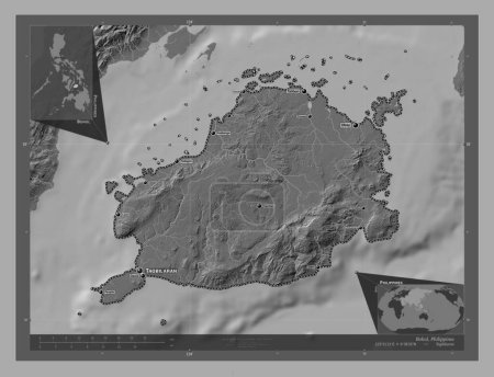 Photo for Bohol, province of Philippines. Bilevel elevation map with lakes and rivers. Locations and names of major cities of the region. Corner auxiliary location maps - Royalty Free Image