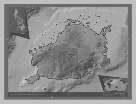 Photo for Bohol, province of Philippines. Grayscale elevation map with lakes and rivers. Locations and names of major cities of the region. Corner auxiliary location maps - Royalty Free Image