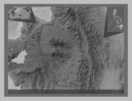 Téléchargez les photos : Bukidnon, province of Philippines. Grayscale elevation map with lakes and rivers. Corner auxiliary location maps - en image libre de droit