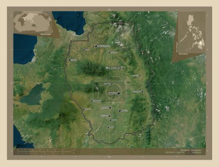 Téléchargez les photos : Bukidnon, province of Philippines. High resolution satellite map. Locations and names of major cities of the region. Corner auxiliary location maps - en image libre de droit