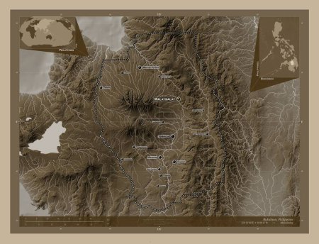 Téléchargez les photos : Bukidnon, province of Philippines. Elevation map colored in sepia tones with lakes and rivers. Locations and names of major cities of the region. Corner auxiliary location maps - en image libre de droit