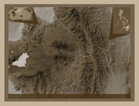 Téléchargez les photos : Bukidnon, province of Philippines. Elevation map colored in sepia tones with lakes and rivers. Corner auxiliary location maps - en image libre de droit