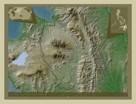 Téléchargez les photos : Bukidnon, province of Philippines. Elevation map colored in wiki style with lakes and rivers. Corner auxiliary location maps - en image libre de droit
