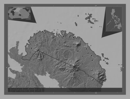Téléchargez les photos : Camarines Norte, province of Philippines. Bilevel elevation map with lakes and rivers. Locations of major cities of the region. Corner auxiliary location maps - en image libre de droit