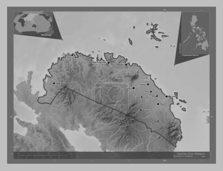 Foto de Camarines Norte, province of Philippines. Grayscale elevation map with lakes and rivers. Locations and names of major cities of the region. Corner auxiliary location maps - Imagen libre de derechos
