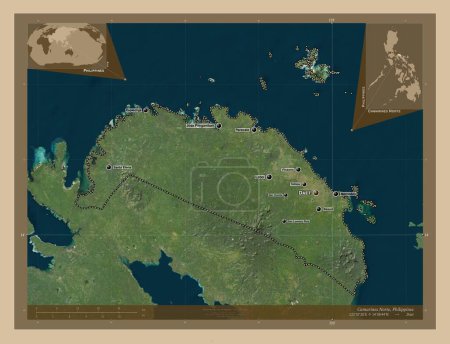 Téléchargez les photos : Camarines Norte, province of Philippines. Low resolution satellite map. Locations and names of major cities of the region. Corner auxiliary location maps - en image libre de droit
