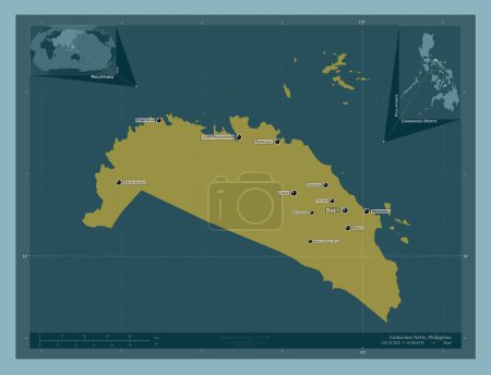 Photo for Camarines Norte, province of Philippines. Solid color shape. Locations and names of major cities of the region. Corner auxiliary location maps - Royalty Free Image