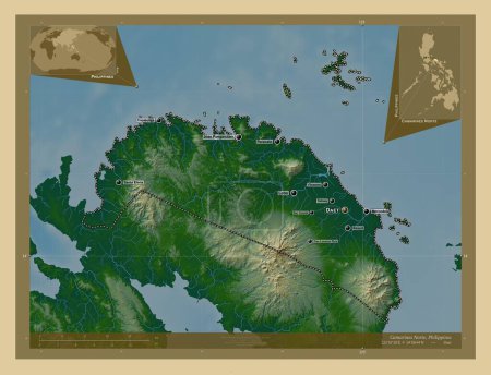 Téléchargez les photos : Camarines Norte, province of Philippines. Colored elevation map with lakes and rivers. Locations and names of major cities of the region. Corner auxiliary location maps - en image libre de droit