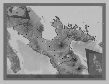 Foto de Camarines Sur, province of Philippines. Grayscale elevation map with lakes and rivers. Locations of major cities of the region. Corner auxiliary location maps - Imagen libre de derechos