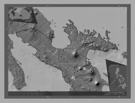 Foto de Camarines Sur, province of Philippines. Bilevel elevation map with lakes and rivers. Locations and names of major cities of the region. Corner auxiliary location maps - Imagen libre de derechos