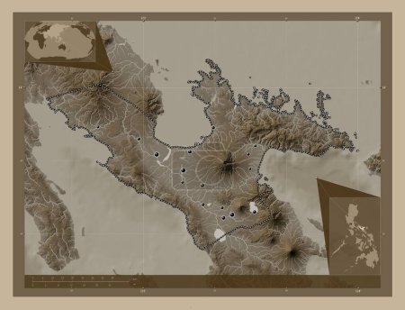 Camarines Sur, province of Philippines. Elevation map colored in sepia tones with lakes and rivers. Locations of major cities of the region. Corner auxiliary location maps