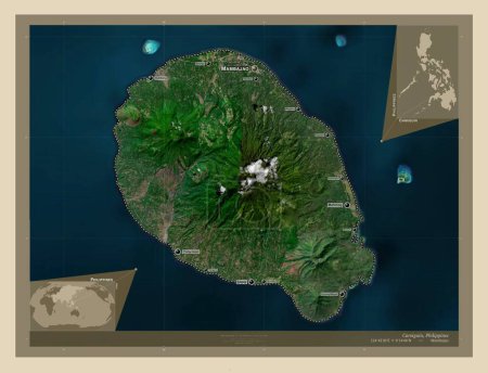 Photo for Camiguin, province of Philippines. High resolution satellite map. Locations and names of major cities of the region. Corner auxiliary location maps - Royalty Free Image