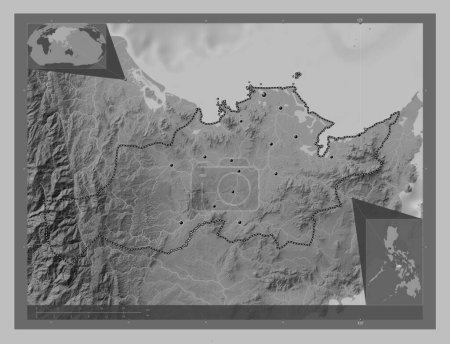Foto de Capiz, province of Philippines. Grayscale elevation map with lakes and rivers. Locations of major cities of the region. Corner auxiliary location maps - Imagen libre de derechos