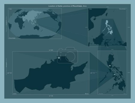 Photo for Capiz, province of Philippines. Diagram showing the location of the region on larger-scale maps. Composition of vector frames and PNG shapes on a solid background - Royalty Free Image
