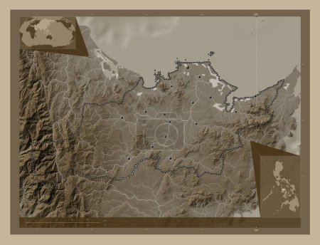 Photo for Capiz, province of Philippines. Elevation map colored in sepia tones with lakes and rivers. Locations of major cities of the region. Corner auxiliary location maps - Royalty Free Image