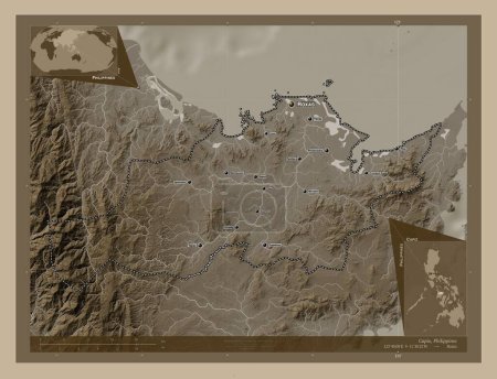 Foto de Capiz, province of Philippines. Elevation map colored in sepia tones with lakes and rivers. Locations and names of major cities of the region. Corner auxiliary location maps - Imagen libre de derechos