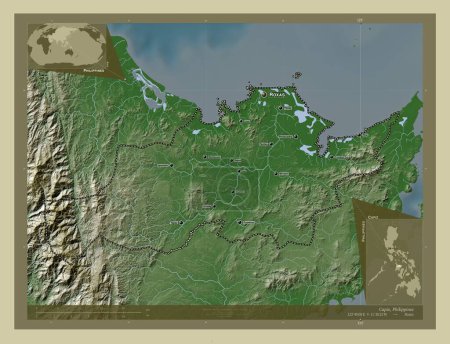 Photo for Capiz, province of Philippines. Elevation map colored in wiki style with lakes and rivers. Locations and names of major cities of the region. Corner auxiliary location maps - Royalty Free Image
