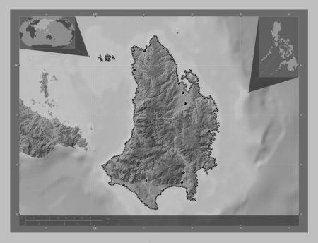 Téléchargez les photos : Catanduanes, province of Philippines. Grayscale elevation map with lakes and rivers. Locations of major cities of the region. Corner auxiliary location maps - en image libre de droit