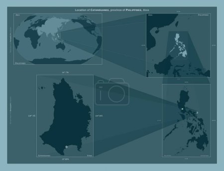 Téléchargez les photos : Catanduanes, province of Philippines. Diagram showing the location of the region on larger-scale maps. Composition of vector frames and PNG shapes on a solid background - en image libre de droit
