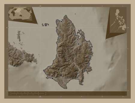 Téléchargez les photos : Catanduanes, province of Philippines. Elevation map colored in sepia tones with lakes and rivers. Locations of major cities of the region. Corner auxiliary location maps - en image libre de droit