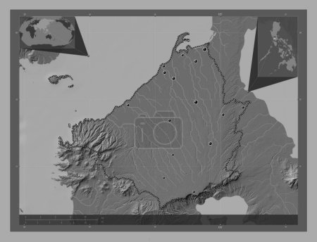 Photo for Cavite, province of Philippines. Bilevel elevation map with lakes and rivers. Locations of major cities of the region. Corner auxiliary location maps - Royalty Free Image