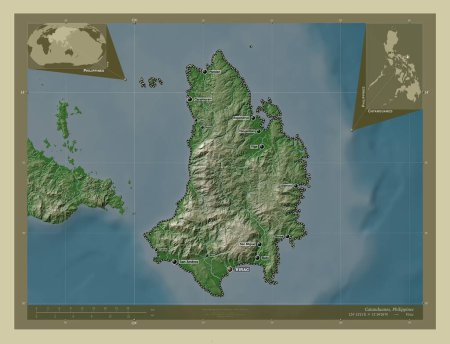 Téléchargez les photos : Catanduanes, province of Philippines. Elevation map colored in wiki style with lakes and rivers. Locations and names of major cities of the region. Corner auxiliary location maps - en image libre de droit