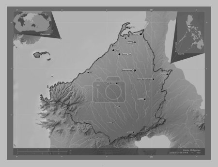 Téléchargez les photos : Cavite, province of Philippines. Grayscale elevation map with lakes and rivers. Locations and names of major cities of the region. Corner auxiliary location maps - en image libre de droit